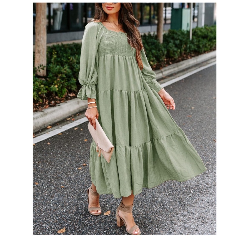 Amazon Olive Green Smocked Tiered Maxi Dress